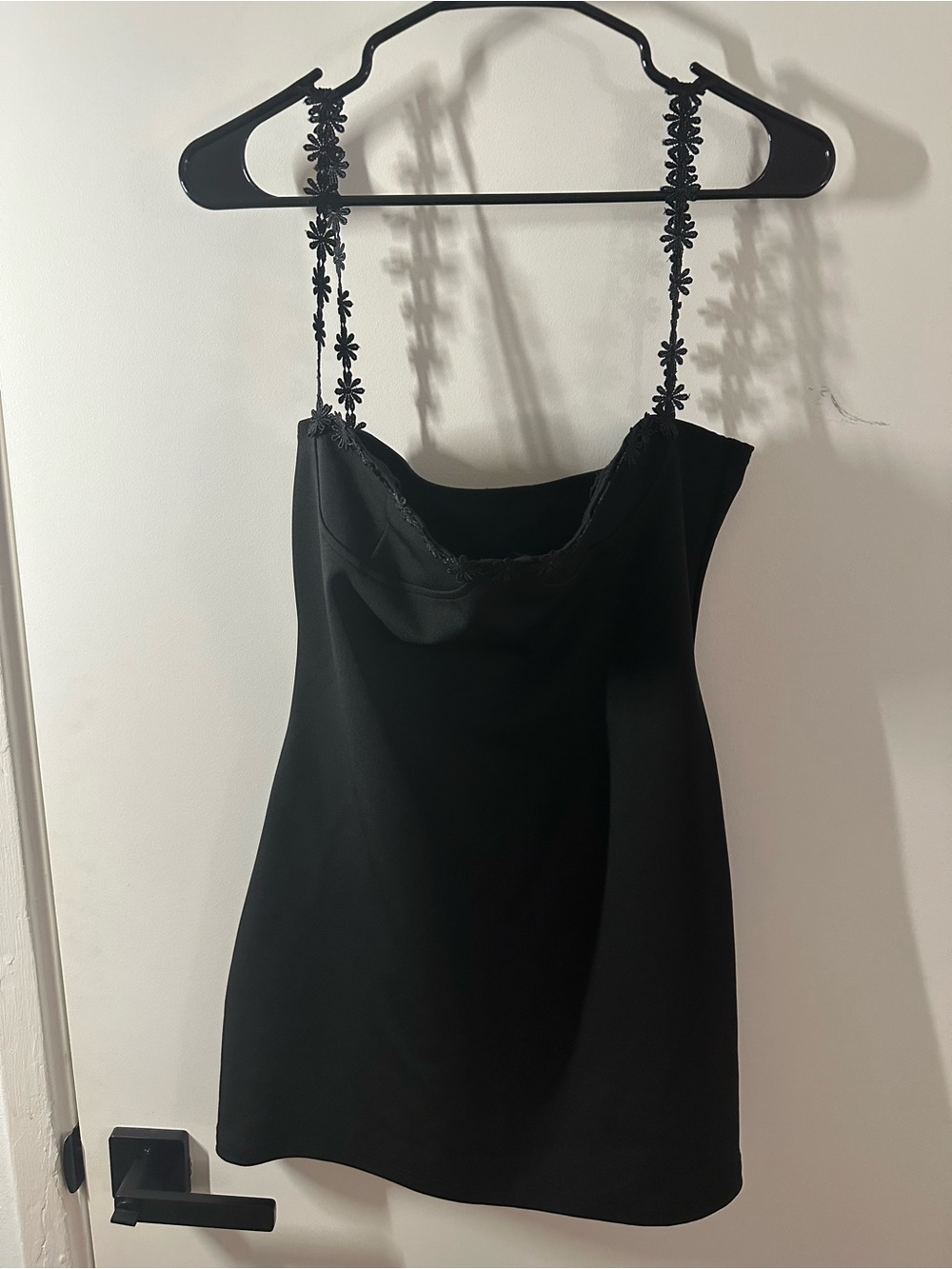 Commense Black Mini Dress with Floral Straps